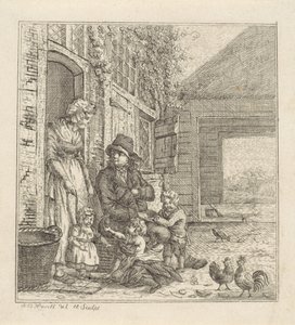 hombre y mujer, con, niños, en, un, puerta