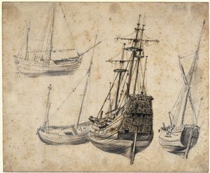 Hoja de estudio con un tres mástiles y barcos de Abraham Casembroot