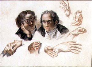 Estudios de las cabezas y manos de dos caballeros