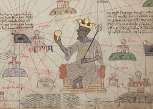 (detalle) del Atlas Catalán, Hoja 6, mostrando a Mansa Musa entronizado, 1375