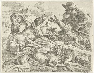 Cuatro perros, un cazador y una liebre. de Abraham Danielsz. Hondius