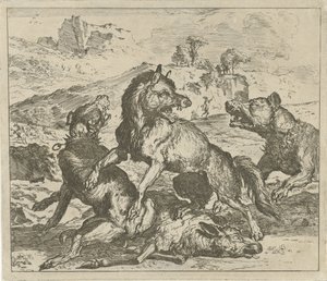 Lobo atacado por perros Diferentes animales (título de la serie) de Abraham Danielsz. Hondius