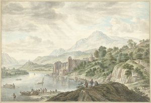 Paisaje de colinas con un castillo en un río de Abraham Delfos