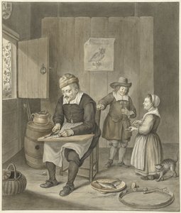 Interior con hombre limpiando pescado y dos niños de Abraham Delfos