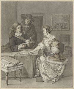 Pareja haciendo música, un hombre mira de Abraham Delfos