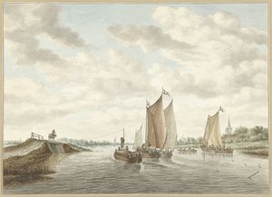 Paisaje fluvial con varias barcazas de Abraham Delfos