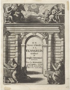 Cuatro evangelistas alrededor de una puerta Página de título para: Junius, Franciscus y Marshall, Thomas. Quatuor D.N. Jesucristo S.S. Evangelia gótica y anglosajona, 1665 de Abraham Dircksz. Santvoort