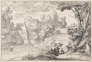 Paisaje de río con una liebre. de Abraham Genoels