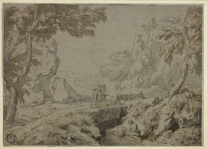 Paisaje con sátiro, cabras y otras figuras