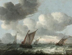 Barcos de pesca frente a la costa en un mar agitado (óleo sobre tabla) de Abraham Hendricksz van Beyeren