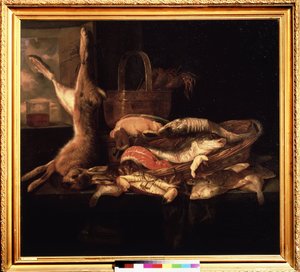 "Bodegón con peces y una liebre muerta" Pintura de Abraham Hendricksz van Beyeren (1620/21-1690) (ec. holl.) Museo Pushkin del siglo XVII, Moscú de Abraham Hendricksz van Beyeren