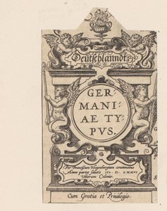 Cartouche con vier putti Cartouche van een kaart van Duitsland Deutschlandt. Tipo Alemania (título sobre objeto) Teatro mundial (título de la serie) de Abraham Hogenberg