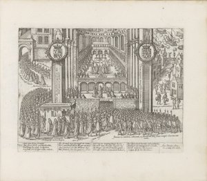 Vista del exterior de la Abadía de Westminster durante la coronación de Jaime I de Abraham Hogenberg