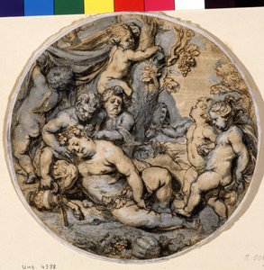 ""Bacchus endormi"" (Baco durmiente) Está rodeado de amorcillos, sátiro Dibujo a tinta de Abraham Jansz van Diepenbeeck (1596-1675) Museo Pushkin del siglo XVII, Moscú