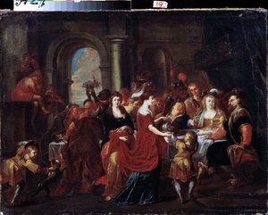 su madre. La cabeza del santo se coloca sobre la mesa. Pintar de Abraham Jansz. van Diepenbeeck