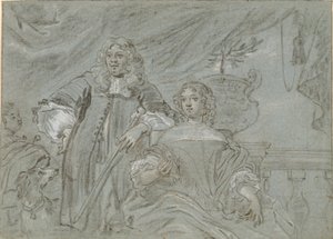 Grupo de una dama sentada y un caballero de pie, figuras de medio cuerpo. En el fondo un africano negro y un perro, a la derecha una balaustrada de Abraham Lambertsz. van den Tempel