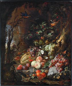 Flores, frutas, pájaros e insectos en un paisaje de ruinas ... de Abraham Mignon