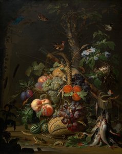 Naturaleza muerta con frutas, pescado y un nido, c. 1675 de Abraham Mignon