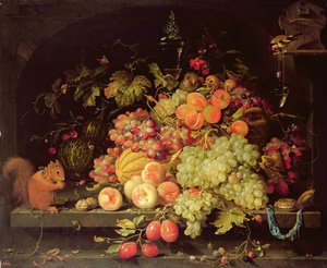 Naturaleza muerta con frutas, ardilla y jilguero de Abraham Mignon