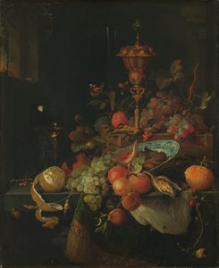 Bodegón con fruta y un vaso sobre una pata de gallo de Abraham Mignon