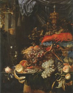 Bodegón con fruta, una langosta y un jilguero de Abraham Mignon