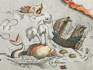 (Detalle). Monstruos marinos atacan un barco.