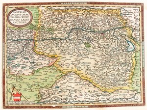Austria Ducatus Chorographia Wolfgango Lazio Auctore Mapa geográfico del territorio de Austria con el río Danubio y la ciudad de Viena de 