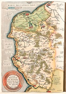 Caletensium et Bononiensium Ditionis Accurata Delineatio Mapa geográfico del territorio de Boulonnais (Condado de Boulogne), Artois y Flandes francés (Francia) incluyendo los lugares de Calais, Arches, Greuelinge, Étaples y Montreuil... tomado del Theatrum