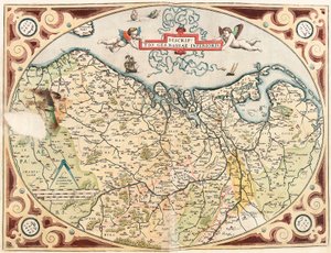 Descriptio Germaniae Inferioris Mapa geográfico del territorio de los Países Bajos Germánicos de 