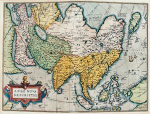 Descripción del continente asiático, mapa geográfico de “Theatrum Orbis Terrarum” de Abraham Ortelius