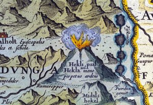 Volcán Hekla en Islandia. Atlas de Abraham Ortelius, Ámsterdam 1588 de Abraham Ortelius