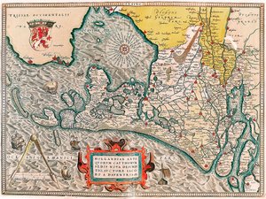 Hollandiae antiquorum catthorum sedis nova descriptio, auctore lacobo a daventria Mapa geográfico del territorio de los Países Bajos con las ciudades de Ámsterdam y Haarlem... tomado de 