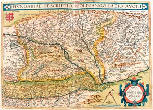 Descripción de Hungría por Wolfgango Lazio. Mapa geográfico del territorio de Hungría de 