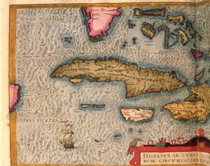 Mapa de Cuba y Jamaica, del Theatrum Orbis Terrarum por Abraham Ortelius, impreso en Amberes de Abraham Ortelius