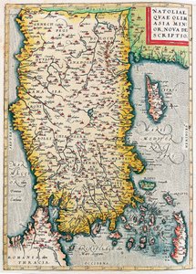 Natoliae, Quae Olim Asia Minor Nova Descriptio Mapa geográfico del territorio de Asia Menor (Estambul y Turquía con las islas de Rodas y Chipre) de “Theatrum Orbis Terrarum” por Abraham Ortelius (Oertel, Ortell o Ortel)