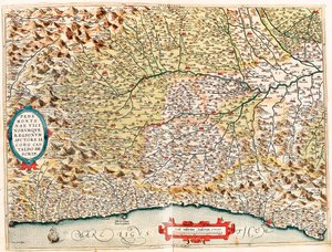 Pedemontanae Vicinorumque Regionum Auctore Iacobo Castaldo Descrip. Mapa geográfico del territorio de Italia desde Mónaco en Francia hasta Génova pasando por las provincias de Imperia de Savona y Génova de 