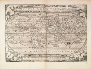 Planisferio de Theatrum Orbis Terrarum por Abraham Ortelius, impreso en Amberes de Abraham Ortelius