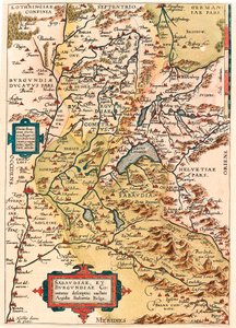 Sabaudia et Burgundiae Comitus description Mapa geográfico del territorio de Borgoña y Saboya (Pontarlier, Dijon, Lago Lemán y Suiza) de “Theatrum Orbis Terrarum” por Abraham Ortelius (Oertel, Ortell o Ortel)