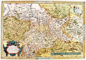 Saxoniae, Misniae, Thuringiae, Nova Accurssimaque Descriptio Mapa geográfico del territorio de Sajonia, Turingia en Alemania de “Theatrum Orbis Terrarum” por Abraham Ortelius