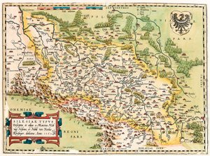 Silesia Typus Descriptio y Descriptus et editus Martino Heilwid Neilsense, y Nobili viro Nicolao Rhedinger dedicatus Anno 1561 Mapa geográfico del territorio al sur de Frankfurt en Alemania cerca de Polonia de “Theatrum Orbis Terrarum” de Abraham Ortelius
