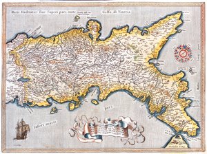 Sur del Lacio, sur de Las Marcas, Abruzos, Molise, Campasnia, Apulia, Basilicata Calabria, Italia de Abraham Ortelius