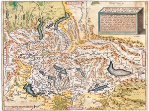 Suiza, Alemania (Estado: Baden-Wurtemberg, Baviera), Austria (Estado: Voralberg), Liechtenstein, Italia (Región: Trentino-Alto Adigio, Lombardía, Piamonte, Valle de Aosta), Francia (Región: Franco Condado, Ródano-Alpes, Alsacia), de Abraham Ortelius