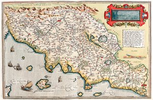 Thusciae. Descriptio auctore Hieronymo Bellamarto Mapa geográfico del territorio de Toscana en Italia de “Theatrum Orbis Terrarum” por Abraham Ortelius de Abraham Ortelius