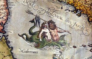 Tritón y sirena en el mar Mediterráneo. “Theatrum Orbis Terrarum” de Abrahm Ortelius, Amberes 1584.