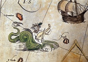 Tritón tocando el laúd cerca de la isla de San Brendan (Brandan). “Theatrum Orbis Terrarum” por Abrahm Ortelius, Amberes 1584.