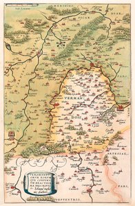Veromanuorum Eorum que Confinium Accurssima Descript Mapa geográfico del territorio de Vermandois y Picardía en la Galia (Francia) de “Theatrum Orbis Terrarum” de Abraham Ortelius