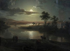 Escena nocturna con luna llena y personas