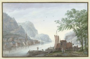 Paisaje montañoso con vista a un pueblo junto a un río de Abraham Rademaker