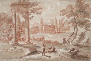 Paisaje con tumba, ruinas y figuras.
