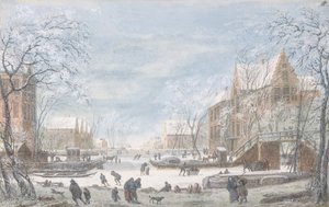 Nieve cayendo en una ciudad holandesa, s.f. de Abraham Rademaker